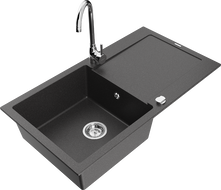 Mexen Leo 1-compartment granite sink with a drip tray and kitchen mixer tap Telma, Spotted black - 6501-76-670200-00