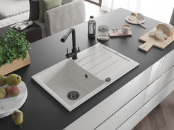 Mexen Bruno granite sink with 1 bowl, draining board and Duero kitchen tap, white - 6513-20-671600-70