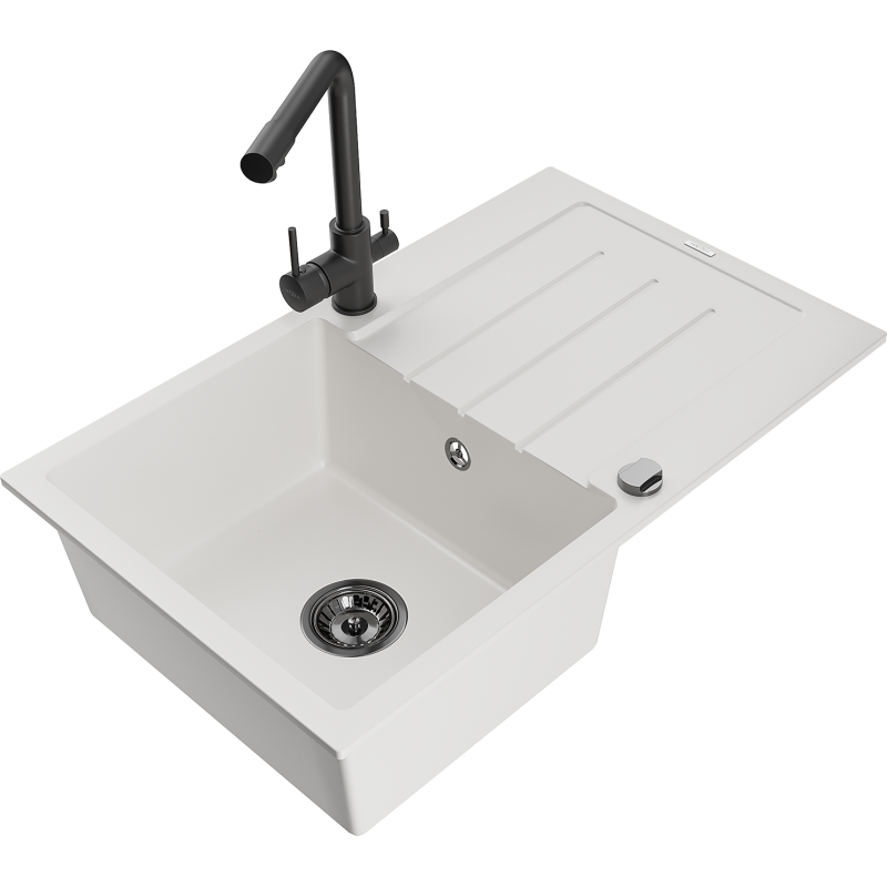 Mexen Bruno 1-compartment granite sink with a drip tray and kitchen mixer tap Duero, White - 6513-20-671600-70