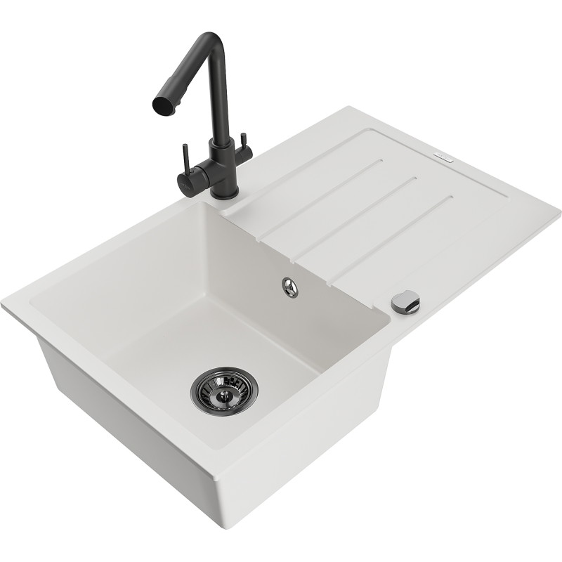 Mexen Bruno Duero white 1-bowl granite sink with drainer and kitchen faucet - 6513-20-671600-70