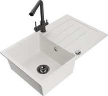 Mexen Bruno granite sink with 1 bowl, draining board and Duero kitchen tap, white - 6513-20-671600-70