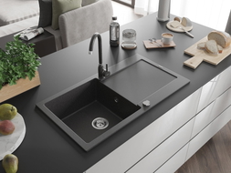 Mexen Leo 1-Bowl Granite Sink with Drainer and Telma Kitchen Faucet, Speckled Black - 6501-76-670200-76