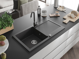 Mexen Leo 1-compartment granite sink with a drip tray and kitchen mixer tap Telma, Spotted black - 6501-76-670200-76