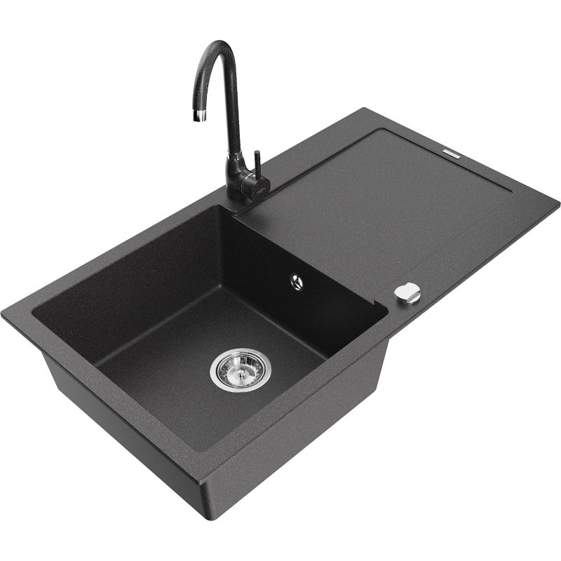 Mexen Leo granite sink 1-basin with drainer and Telma kitchen tap, speckled black - 6501-76-670200-76