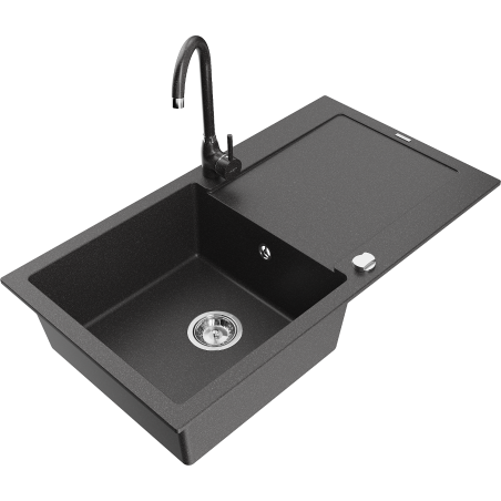 Mexen Leo 1-compartment granite sink with a drip tray and kitchen mixer tap Telma, Spotted black - 6501-76-670200-76