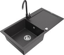 Mexen Leo 1-Bowl Granite Sink with Drainer and Telma Kitchen Faucet, Speckled Black - 6501-76-670200-76
