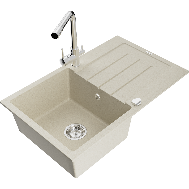 Mexen Bruno 1-bowl granite sink with drainer and Duero kitchen tap, beige - 6513-69-671600-00