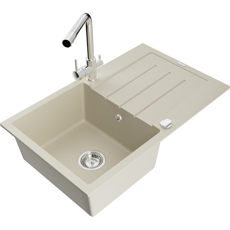 Mexen Bruno 1-compartment granite sink with a drip tray and kitchen mixer tap Duero, Beige - 6513-69-671600-00