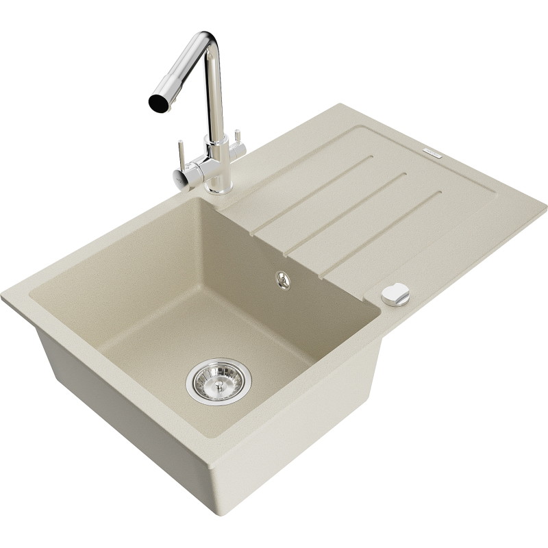 Mexen Bruno granite kitchen sink 1-chamber with drainer and Duero kitchen faucet, beige - 6513-69-671600-00