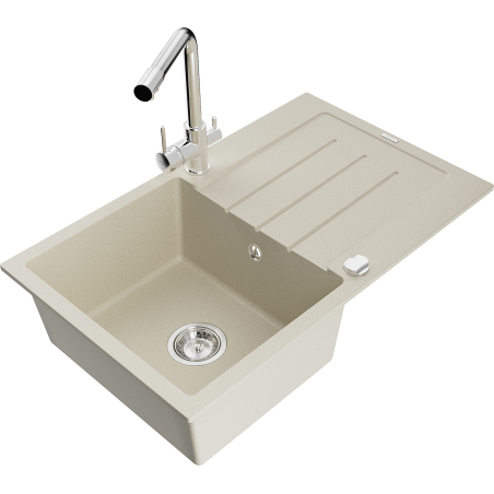 Mexen Bruno 1-bowl granite sink with drainer and Duero kitchen tap, beige - 6513-69-671600-00