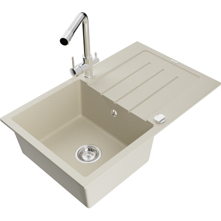Mexen Bruno granite kitchen sink 1-chamber with drainer and Duero kitchen faucet, beige - 6513-69-671600-00