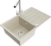 Mexen Bruno 1-bowl granite sink with drainer and Duero kitchen tap, beige - 6513-69-671600-00