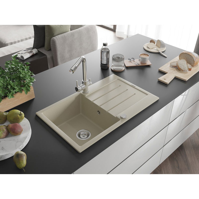 Mexen Bruno 1-bowl granite sink with drainer and Duero kitchen tap, beige - 6513-69-671600-00