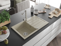 Mexen Bruno 1-bowl granite sink with drainer and Duero kitchen tap, beige - 6513-69-671600-00