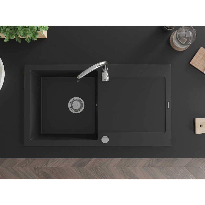 Mexen Leo granite kitchen sink 1-bowl with drainer and Telma kitchen faucet, black - 6501-77-670200-00