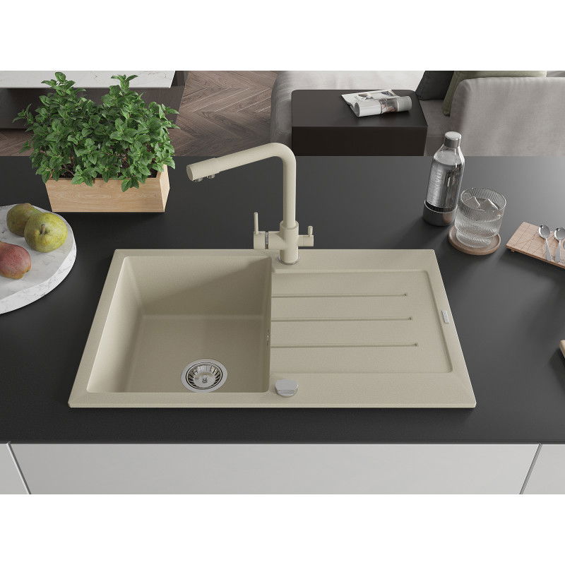 Mexen Bruno 1-bowl granite sink with drainer and Duero kitchen tap, beige - 6513-69-671600-69