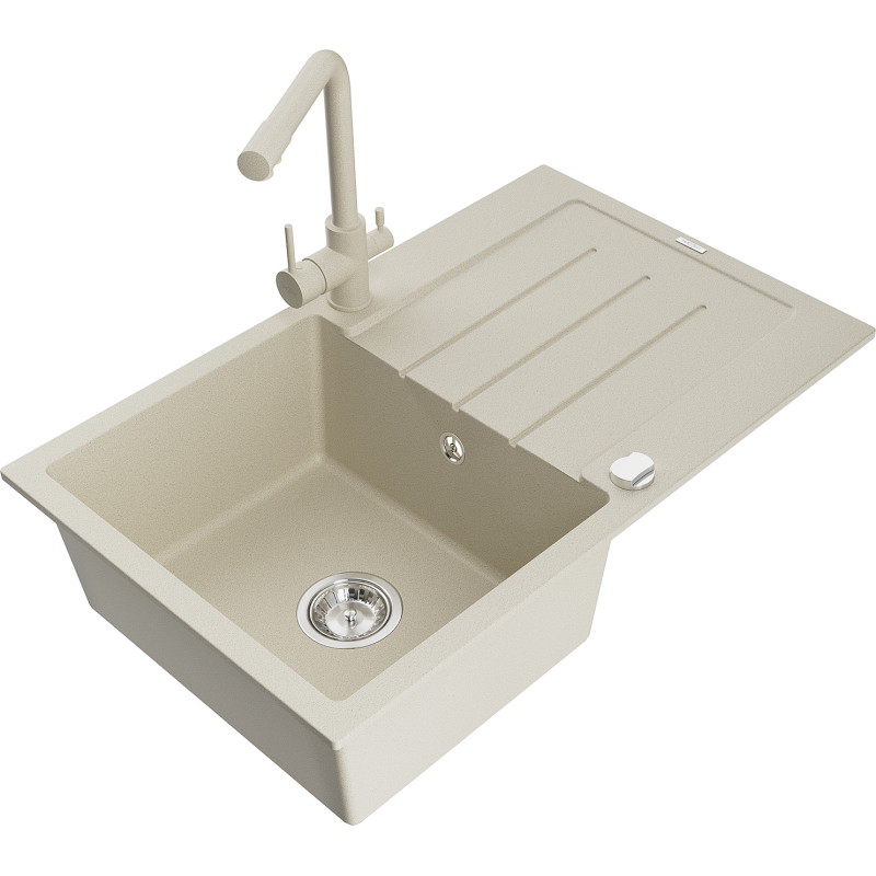 Mexen Bruno granite single-bowl sink with drainer and kitchen faucet Duero, beige - 6513-69-671600-69