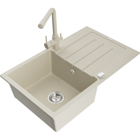 Mexen Bruno 1-bowl granite sink with drainer and Duero kitchen faucet, beige - 6513-69-671600-69