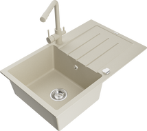 Mexen Bruno 1-bowl granite sink with drainer and Duero kitchen faucet, beige - 6513-69-671600-69