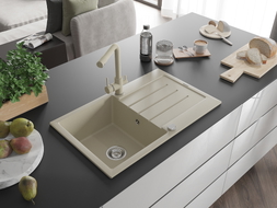 Mexen Bruno 1-bowl granite sink with drainer and Duero kitchen faucet, beige - 6513-69-671600-69