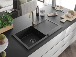 Mexen Leo 1-bowl granite sink with drainer and Telma kitchen tap, black - 6501-77-670200-50