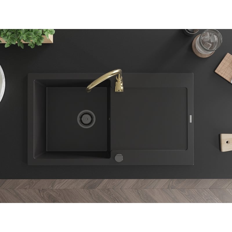 Mexen Leo granite kitchen sink single bowl with drainer and kitchen faucet Telma, black - 6501-77-670200-50