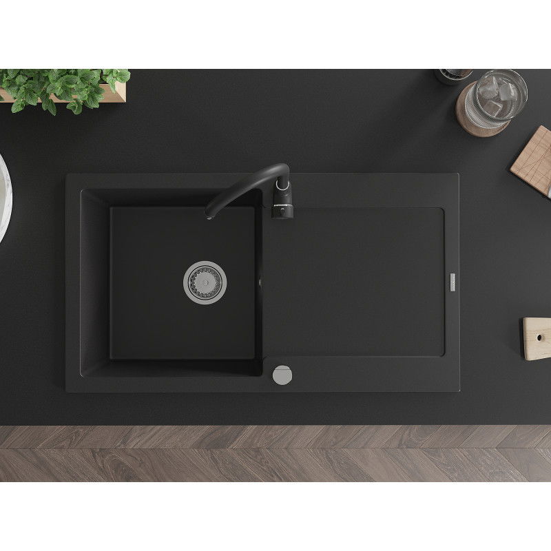 Mexen Leo granite sink 1-bowl with drainer and Telma kitchen tap, black - 6501-77-670200-70