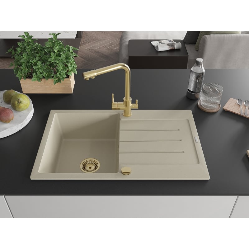 Mexen Bruno granite 1-bowl sink with drainer and Duero kitchen faucet, beige - 6513-69-671600-50
