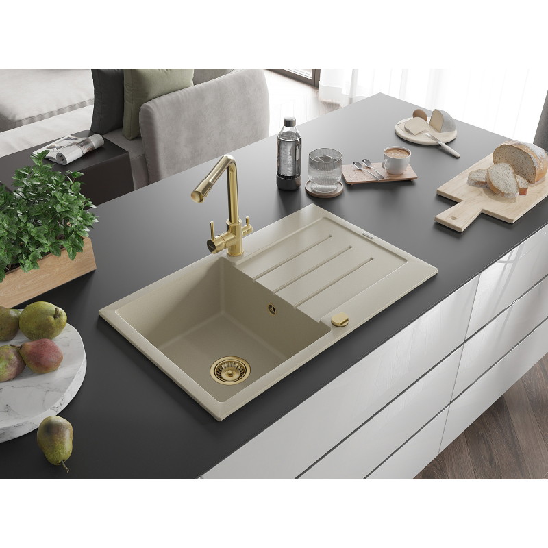 Mexen Bruno granite 1-bowl sink with drainer and Duero kitchen faucet, beige - 6513-69-671600-50