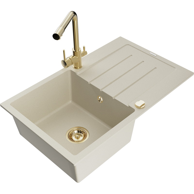 Mexen Bruno 1-bowl granite sink with drainer and Duero kitchen faucet, beige - 6513-69-671600-50