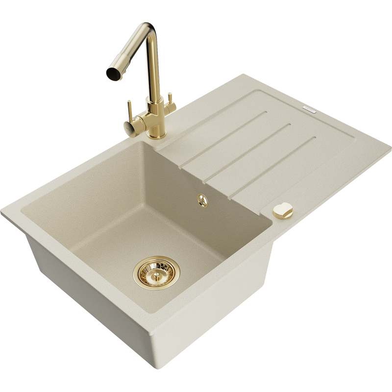 Mexen Bruno 1-compartment granite sink with a drip tray and kitchen mixer tap Duero, Beige - 6513-69-671600-50