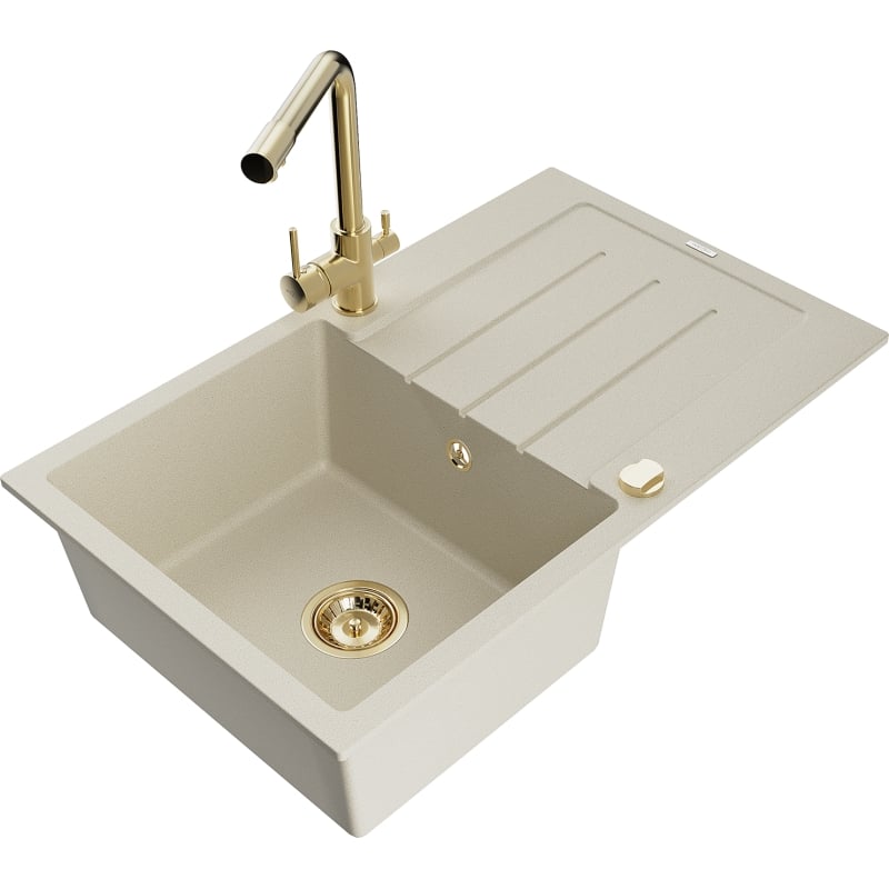 Mexen Bruno granite 1-bowl sink with drainer and Duero kitchen faucet, beige - 6513-69-671600-50