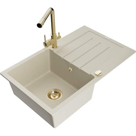 Mexen Bruno granite 1-bowl sink with drainer and Duero kitchen faucet, beige - 6513-69-671600-50