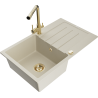 Mexen Bruno 1-bowl granite sink with drainer and Duero kitchen faucet, beige - 6513-69-671600-50