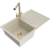 Mexen Bruno granite 1-bowl sink with drainer and Duero kitchen faucet, beige - 6513-69-671600-50