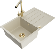 Mexen Bruno 1-bowl granite sink with drainer and Duero kitchen faucet, beige - 6513-69-671600-50