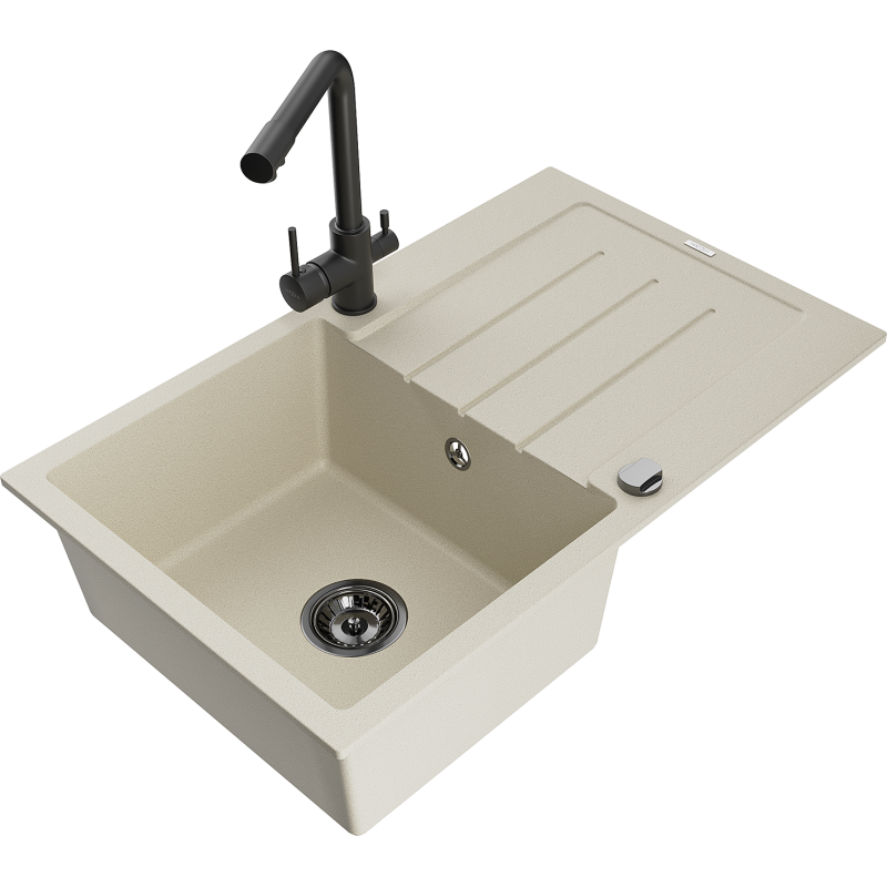 Mexen Bruno 1-bowl granite sink with drainer and Duero kitchen tap, beige - 6513-69-671600-70