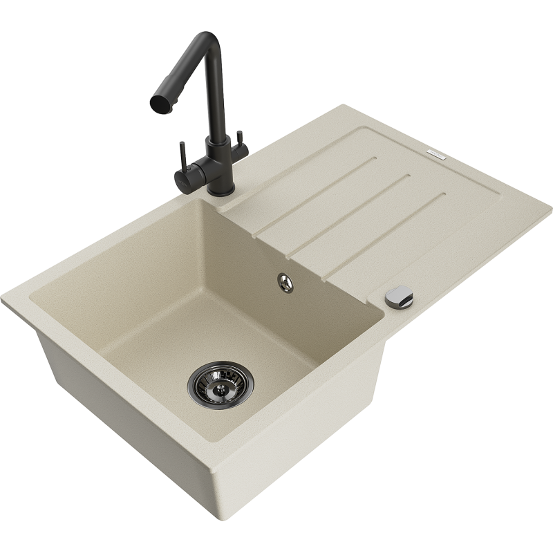 Mexen Bruno 1-compartment granite sink with a drip tray and kitchen mixer tap Duero, Beige - 6513-69-671600-70