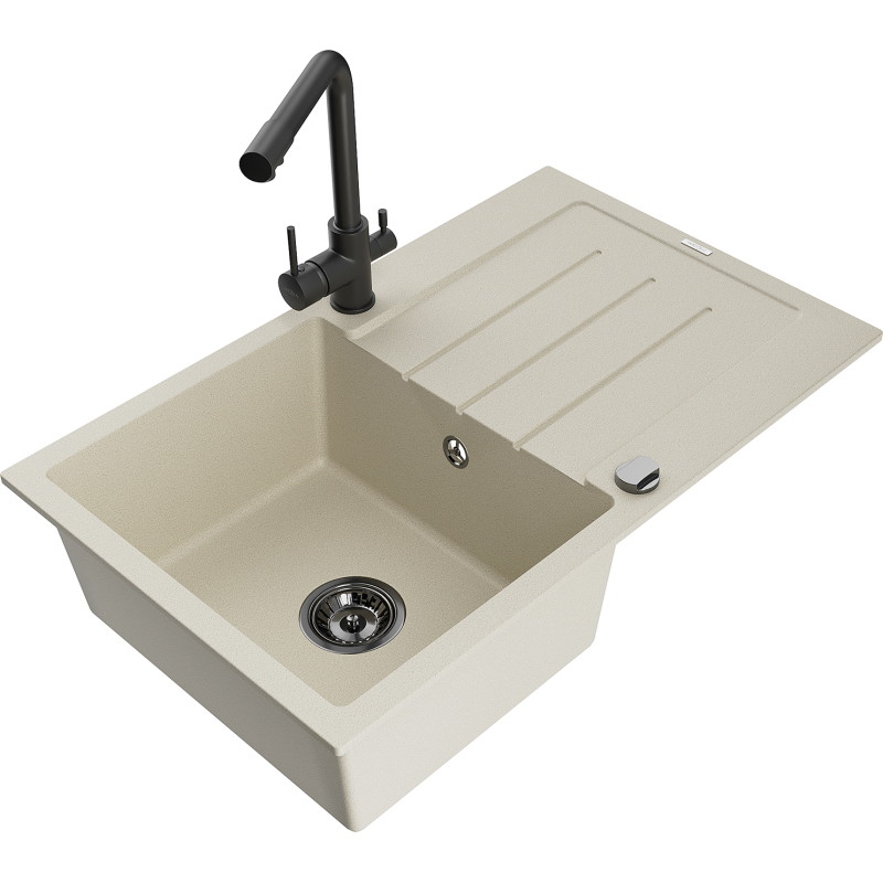 Mexen Bruno single-bowl granite sink with drainer and Duero kitchen faucet, beige - 6513-69-671600-70