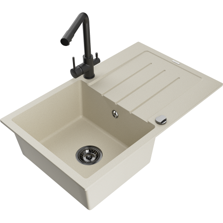 Mexen Bruno 1-bowl granite sink with drainer and Duero kitchen tap, beige - 6513-69-671600-70