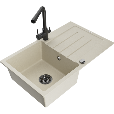 Mexen Bruno granite kitchen sink 1-bowl with drainer and kitchen faucet Duero, beige - 6513-69-671600-70