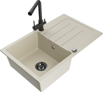 Mexen Bruno 1-bowl granite sink with drainer and Duero kitchen tap, beige - 6513-69-671600-70