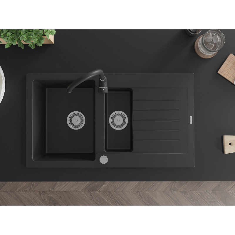 Mexen Matias granite sink 1.5-bowl with drainer and Telma kitchen faucet, black - 6502-77-670200-70