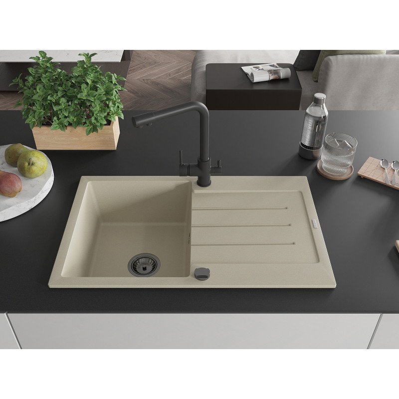 Mexen Bruno single-bowl granite sink with drainer and Duero kitchen faucet, beige - 6513-69-671600-70