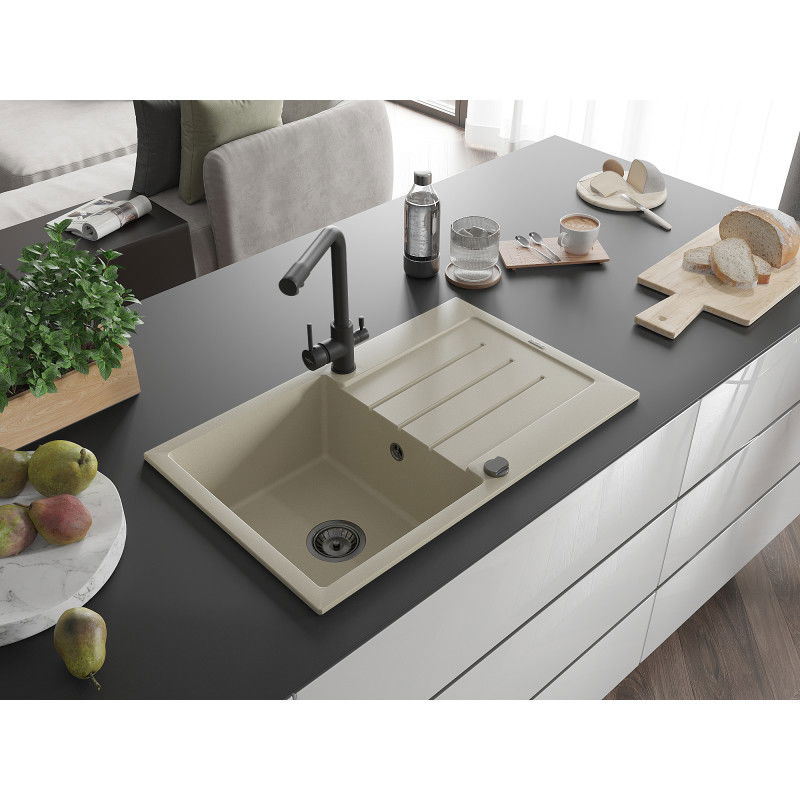 Mexen Bruno 1-bowl granite sink with drainer and Duero kitchen tap, beige - 6513-69-671600-70