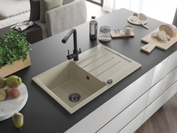 Mexen Bruno 1-bowl granite sink with drainer and Duero kitchen tap, beige - 6513-69-671600-70