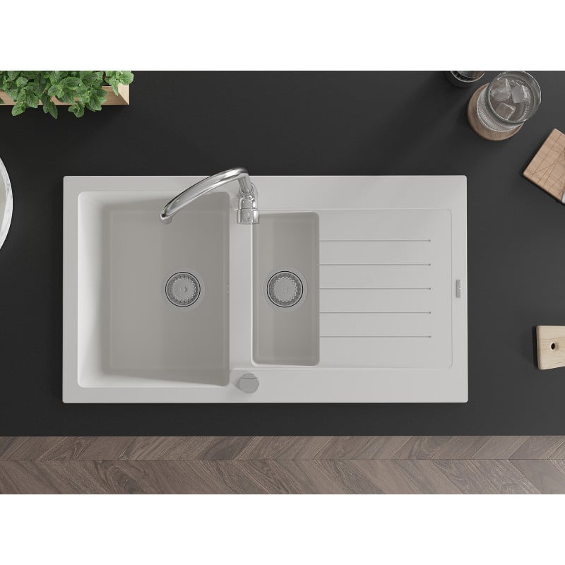 Mexen Matias granite kitchen sink 1.5-bowl with drainer and kitchen faucet Telma, white - 6502-20-670200-00