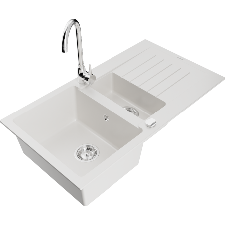 Mexen Matias 1.5-bowl Granite Sink with Drainer and Telma Kitchen Tap, White - 6502-20-670200-00
