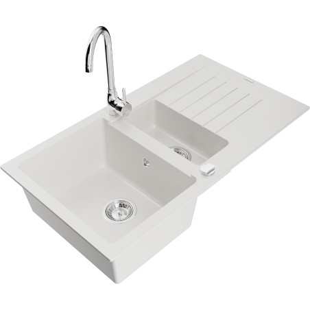 Mexen Matias 1.5-compartment granite sink with a drip tray and kitchen mixer tap Telma, White - 6502-20-670200-00