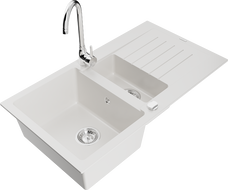Mexen Matias 1.5-compartment granite sink with a drip tray and kitchen mixer tap Telma, White - 6502-20-670200-00